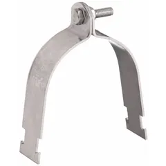 This conduit strap clamp is made from 316 stainless steel with a polished finish. It is designed for securing 3-inch conduit to 1-5/8 inch strut channels, with a 5/16 in-18 thread size and a cable range of 3.000 inches. Suitable for use in industrial and commercial electrical installations where corrosion resistance is required.