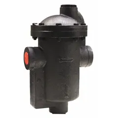 Cast iron inverted-bucket steam trap for horizontal in-line installation. 2 1/2 in FNPT connection, rated 1,800 lb/hr capacity, 40 psi maximum pressure, 450°F maximum temperature. Strainer not included. Used to drain condensate from steam lines in industrial and HVAC systems.