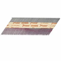 Offset round, smooth shank collated framing nails for use with compatible pneumatic nailers. 3 in overall length with 0.131 in shank diameter and conical point. Suitable for framing, sheathing, and truss assembly in dimensional lumber and engineered wood.