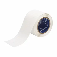 Thermal transfer precut label roll with rubber, removable adhesive for temporary identification without residue. Each label measures 1/4 in x 3/4 in, supplied in a roll of 10,000 labels. Compatible with i7100 printer series. Suitable for labeling equipment, bins, or assets in industrial environments.