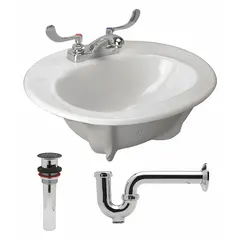 White vitreous china countertop bathroom sink with wristblade faucet and included grid drain. Overall length 20 1/2 in, overall width 17 1/4 in. Suitable for commercial or residential restrooms where a durable, easy-to-clean basin is required.