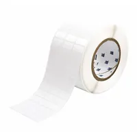 Thermal transfer precut label roll measuring 1/2 in x 1 in. Features a rubber, aggressive adhesive for permanent bonding to challenging surfaces. Halogen-free material suitable for applications requiring low toxicity. Compatible with THT printer series for industrial identification and asset tagging