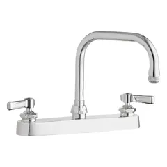 Cast brass centerset kitchen faucet with lever handle. Designed for deck mounting with two mounting holes. Low arc spout suitable for hand-washing and light food preparation in residential or commercial kitchens.
