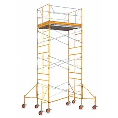 Fixed-height scaffold tower with steel construction. Platform dimensions 84 in x 57 in, adjustable working height from 2 ft to 16 ft. Load capacity 2000 lb. Includes braces. Suitable for providing elevated work platforms in construction, maintenance, and industrial settings.