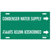 Green pipe marker with white legend text reading 'Condenser Water Supply'. Fits pipe outer diameters from 6 to 7-7/8 inches. Includes directional arrows. Used to identify condenser water supply lines in HVAC and industrial cooling systems