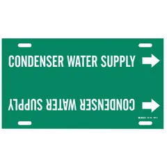 Green pipe marker with white legend text reading 'Condenser Water Supply'. Fits pipe outer diameters from 6 to 7-7/8 inches. Includes directional arrows. Used to identify condenser water supply lines in HVAC and industrial cooling systems.