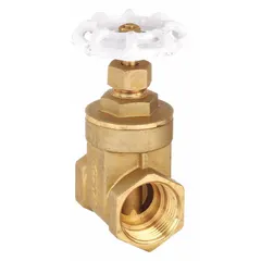 This 2-inch non-rising stem brass gate valve is designed for potable water systems. It features FNPT x FNPT connections, a solid brass wedge, and a brass bonnet. Rated for 200 psi CWP, the valve is operated by a wheel handle and is suitable for on-off flow control in plumbing applications where space is limited.