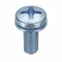 Machine screw with pre-assembled internal tooth lock washer, #6-32 thread, 3/8 in length, steel with zinc-plated finish, pan head, Phillips drive (size #2). Supplied in a 100-piece pack. Used in general fastening applications where resistance to loosening from vibration is required