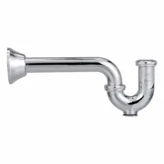 Cast brass P-trap with chrome-plated finish, nominal pipe size 1-1/4 in, overall length 10 in. Includes brass swivel nuts and cleanout. Used in plumbing to trap water and prevent sewer gases from entering buildings, suitable for under-sink installations.