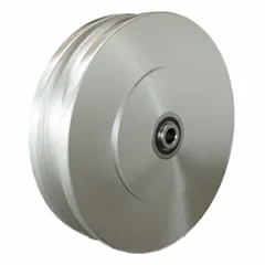 U-groove wheel with 8 in diameter and 2 in width, designed for 1/2 in axle. Supports loads up to 1,500 lb. Suitable for industrial track applications such as rail-guided equipment, overhead cranes, and material handling systems requiring precise tracking.