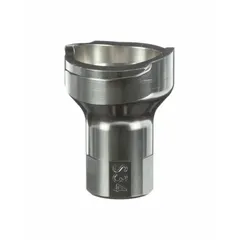 This stainless steel adapter connects PPS series disposable cups to spray guns. It features a 3/8 in thread size and is designed for use in painting applications requiring quick cup changes.