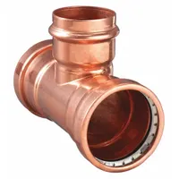 This copper or bronze press tee fitting has a 3 in CTS x 3 in CTS x 2-1/2 in CTS size and features a Dimple Center Stop. It is used in plumbing systems to create a branch connection without soldering, suitable for water supply, hydronic heating, and process piping applications