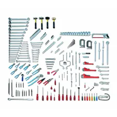 This 255-piece SAE tool set includes locking pliers, nut drivers, hand hex bit sockets with standard hex bits, and a locking chain C-clamp pipe wrench. Suitable for mechanical assembly, maintenance, and repair tasks involving SAE fasteners.