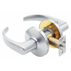 This passage lever lockset is designed for interior doors where locking is not required, such as hallways or closets. It features a satin chromium-plated zinc finish, a 9K curved return lever, and is ADA compliant. The LFIC (Large Format Interchangeable Core) allows for quick rekeying. ANSI F75 function.