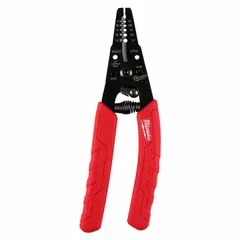 This multifunction wire stripper and cutter is designed for solid wire from 10 to 18 AWG. It features a rounded edge blade and an angled head for clean stripping and cutting of insulation. With a 2-5/8 in overall length, it is suited for electrical panel work, control wiring, and general industrial maintenance.