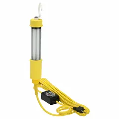 Fluorescent corded hand lamp providing up to 1800 lumens from a single 13W lamp. Operates on 120V AC and includes a 25 ft power cord. Suitable for use in workshops, plants, and job sites for maintenance, repair, and inspection tasks.