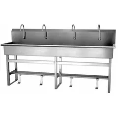This four-station freestanding wash station is constructed from 16-gauge material and includes faucets. It features a 77-inch bowl length, 8-inch bowl depth, and a flow rate of 2 gpm. Side splash is not included. Suitable for high-traffic hand-washing areas in commercial or industrial settings.