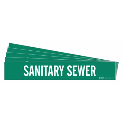 BRADY Pipe Marker: Sanitary Sewer, Green, White, Fits 8 in and Larger Pipe O.D. - Sanitary Sewer Adhesive Pipe Markers
