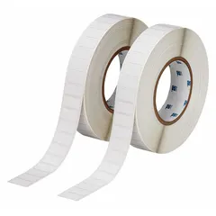 Precut label roll measuring 1 13/64 in x 1/2 in, made of polyimide with permanent adhesive. Compatible with BBP81 printer series. Used for durable identification in industrial environments requiring high-temperature resistance, such as circuit board labeling and asset tagging.