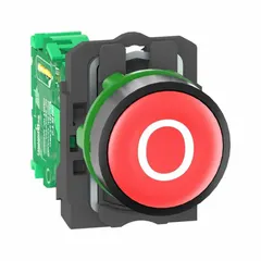 Non-illuminated momentary push button transmitter from the XB5R series. Features a red plastic operator and plastic bezel for 22 mm panel mounting. Suitable for outdoor environments, used for remote control of industrial equipment such as conveyors, cranes, and machinery.