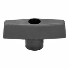 This T-handle knob features a 2.5 in diameter plastic body with a steel thread insert. The threaded through-hole accommodates 5/16"-18 bolts. It is used for manual adjustment and clamping in machinery, jigs, and fixtures where frequent hand-tightening is required.