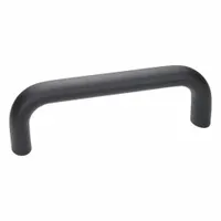 Aluminum pull handle with black finish, corrosion-resistant and load-rated. Features 4.41 in mounting hole center-to-center and M6 threaded holes. Suitable for use on industrial enclosures, machinery doors, and access panels