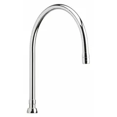 This gooseneck spout features a swivel design and is constructed from brass with a polished chrome finish. It includes mounting hardware and delivers a flow rate of 2.2 gpm. Suitable for commercial or industrial sinks requiring a high-arc, swivel faucet.