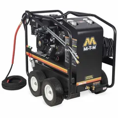 Gas-powered hot water pressure washer on a cart. Delivers 3000 psi at 3.5 gpm. Rated for 20 hours of use per week. Suitable for removing grease, oil, and grime from equipment and surfaces in industrial cleaning applications.