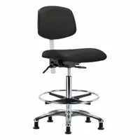 This armless cleanroom task chair is constructed with vinyl upholstery and an aluminum base, rated for ISO 5 environments. It features a seat width of 18-1/2 inches, seat depth of 17 inches, and a height range adjustable from 26-1/4 to 36 inches. The chair includes foot support and a back tilt range of 10.5° forward to 13.5° backward. It is not ESD safe