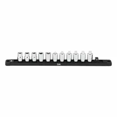 This 11-piece SAE pipe plug socket set includes standard sockets from 1/4 in to 3/8 in with a 3/8 in drive. Designed for 4-point/male pipe plugs, it features a friction ball retention mechanism. Suitable for removing and installing SAE pipe plugs in plumbing and mechanical applications.