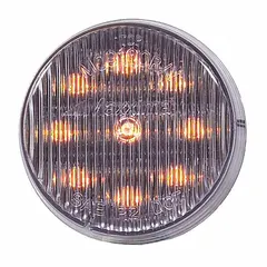 LED clearance marker light with round surface-mount design and clear lens. Amber/clear grommet for secure installation. PL-2 connector for electrical connection. SAE P2 rated for use on trucks, trailers, and heavy equipment to indicate vehicle width and height.