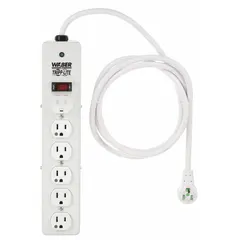 UL 1363 listed surge protector outlet strip with six outlets, 10 ft cord, 1050 J rated energy, and 15 A current. Gray housing with keyhole mounting for secure attachment. Suitable for use in healthcare environments where protection of sensitive equipment from power surges is required.
