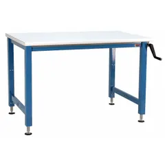 This open-base workstation features a blue laminate top measuring 96 inches by 30 inches. It supports an overall load capacity of 1,000 pounds. Suitable for industrial assembly, maintenance, and laboratory tasks where a sturdy work surface is required.