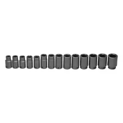 This 14-piece metric impact socket set features a 3/4 in drive and covers sizes from 19 mm to 41 mm. The sockets use a friction retention mechanism for secure attachment to impact tools. Suitable for heavy-duty fastening and loosening in industrial maintenance, automotive repair, and construction applications.