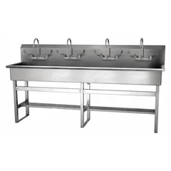 Four-station freestanding wash station with faucets, 77 in bowl length, 8 in bowl depth, 0.5 gpm flow rate. Constructed from 16-gauge material. Side splash not included. Suitable for industrial environments requiring multiple handwashing stations.