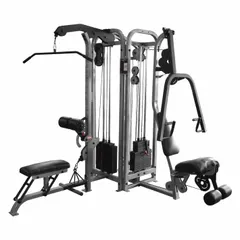 Steel multi-gym machine with powder-coated gray and black finish and vinyl upholstery. Provides three stations for simultaneous strength training exercises. Suitable for commercial or home gym settings.