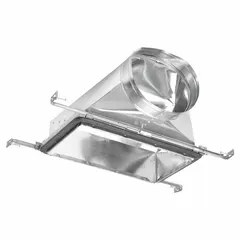 This steel vent boot hanger connects round ductwork to floor or wall registers. It features a 90° boot design with an 8-inch diameter, an 8-inch height by 8-inch width collar, and is compatible with an 8-inch register height. Both cap and collar are steel.