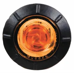 LED round surface mount clearance light with amber lens and clear grommet. Features bullet connector electrical connection and SAE Lens Code P2. Used on trucks, trailers, and heavy equipment to mark vehicle width and height.
