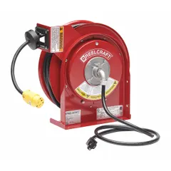 Self-retracting cord reel with ratchet lock mechanism for controlled extension and retraction. Includes 50 ft of 16 AWG SJTOW cord with NEMA 5-15P feeder plug and 5-15R retractable outlet. Used for managing power cords in workshops, warehouses, and maintenance areas to reduce trip hazards and cord wear.
