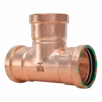 This copper press tee is sized 3 in CTS x 3 in CTS x 3 in CTS and includes an EPDM O-ring. It is used in plumbing systems to create branch connections in copper or bronze press tube lines, providing a secure joint with a seal window for visual leak verification
