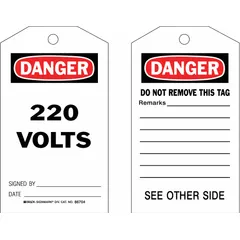 White paper tags printed with black/red/white danger markings for 220-volt electrical hazards. Each tag includes fields for signature, date, and remarks. Fastened with cotton string. Supplied in a pack of 100. Suitable for lockout/tagout procedures.