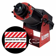 This 300 W LED projector includes a lens and image template that projects a red/white 'Danger Do Not Cross' legend onto surfaces. It is used for safety warnings, hazard marking, and perimeter delineation in industrial and facility settings. The unit comes with a power supply.