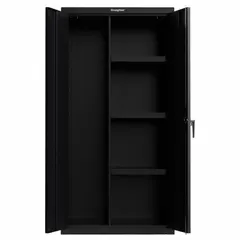 Welded steel cabinet with three adjustable shelves, finished in black. Equipped with a swing handle, electronic lock, keyed lock, and padlock hasp for multiple locking options. Mobile design allows repositioning in janitorial or maintenance areas for secure storage of supplies and tools.