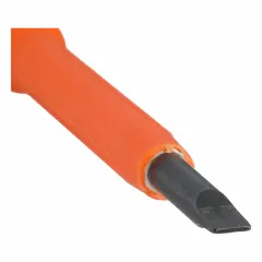 Insulated slotted screwdriver with a 1/8 in tip size and standard-length blade. Features induction hardened steel for wear resistance and a cushion grip handle for comfort. Suitable for turning slotted screws in electrical applications where insulation is required to reduce the risk of shock.