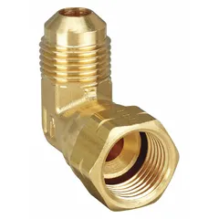 This brass 45-degree flare tube fitting connects 3/4 in OD tubing in fluid systems. It is designed for flared connections and meets SAE J512 standards. Supplied in a 5-pack, it is used in hydraulic, pneumatic, and fuel line applications.