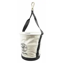 This canvas bucket bag features an open top and 15 pockets for organizing tools. It includes a single handle with a snap hook for attaching to a ladder or belt. Suitable for carrying and accessing tools on job sites.