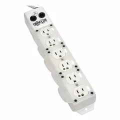 This TRIPP LITE healthcare surge protector outlet strip provides 6 outlets with a 15 ft cord and 15 A current rating. It features a white finish, keyhole mounting style, and a 5-15P plug. Complies with UL 1363A standards for use in patient care areas.