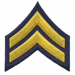 Embroidered rank insignia patch measuring 3 inches, featuring a gold and navy design. Constructed from polyester and rayon. Supplied as a single pair (1 PR). Suitable for uniform identification purposes.