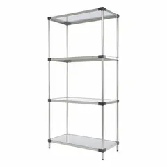 Stainless steel open metal shelving unit with solid shelves in silver finish. Each shelf supports up to 600 lb. Suitable for industrial storage in warehouses, factories, and clean rooms where strength and corrosion resistance are required.