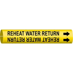This snap-on pipe marker identifies reheat water return lines in HVAC and industrial piping systems. The yellow background with black legend and directional arrows provides clear pipe identification for maintenance and safety. Fits pipe outer diameters from 3/4 to 1-3/8 inches. Supplied as a single marker.